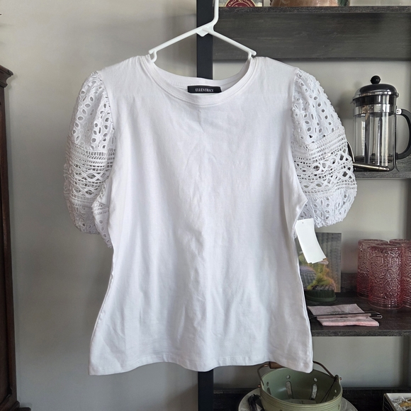 Ellen Tracy Crispy White Lace Sleeve Top Medium Eyelet Lace Sleeves NWT - Picture 2 of 9